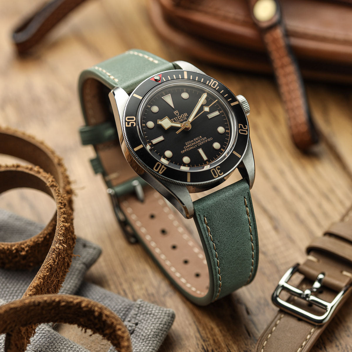WatchGecko Brixham Special Buckle Vintage Leather Watch Strap - Sage Green on Tudor Black Bay 58