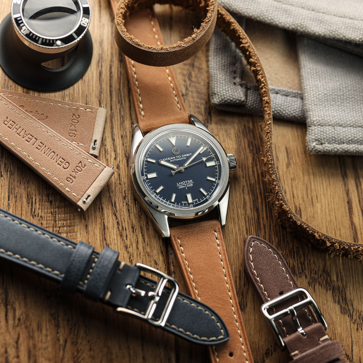 WatchGecko Brixham Special Buckle Vintage Leather Watch Strap - Light Brown on Ocean to Orbit