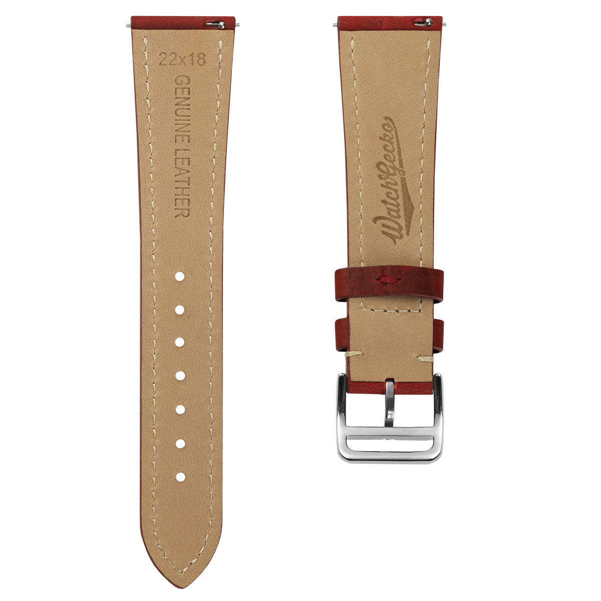 Brixham Flat Leather Watch Strap - Crazy Horse Vintage Scarlet