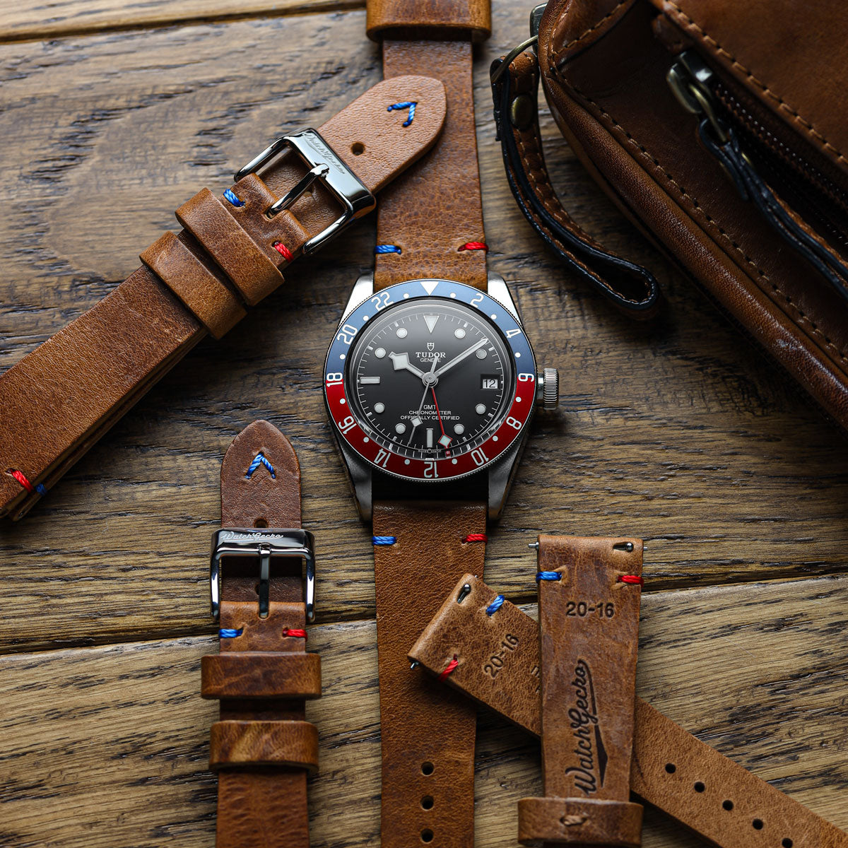 Simple Handmade Italian Leather Watch Strap - Light Brown Pepsi Stitch