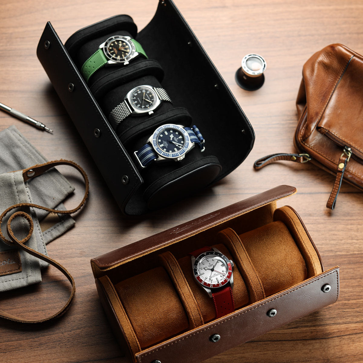 WatchGecko 3 Watch Travel Roll Case - Brown