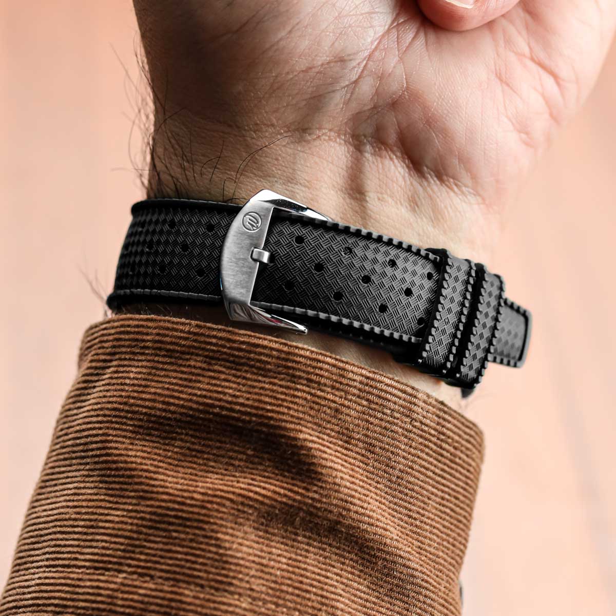 Vintage Style Perforated Rubber Watch Strap - Black