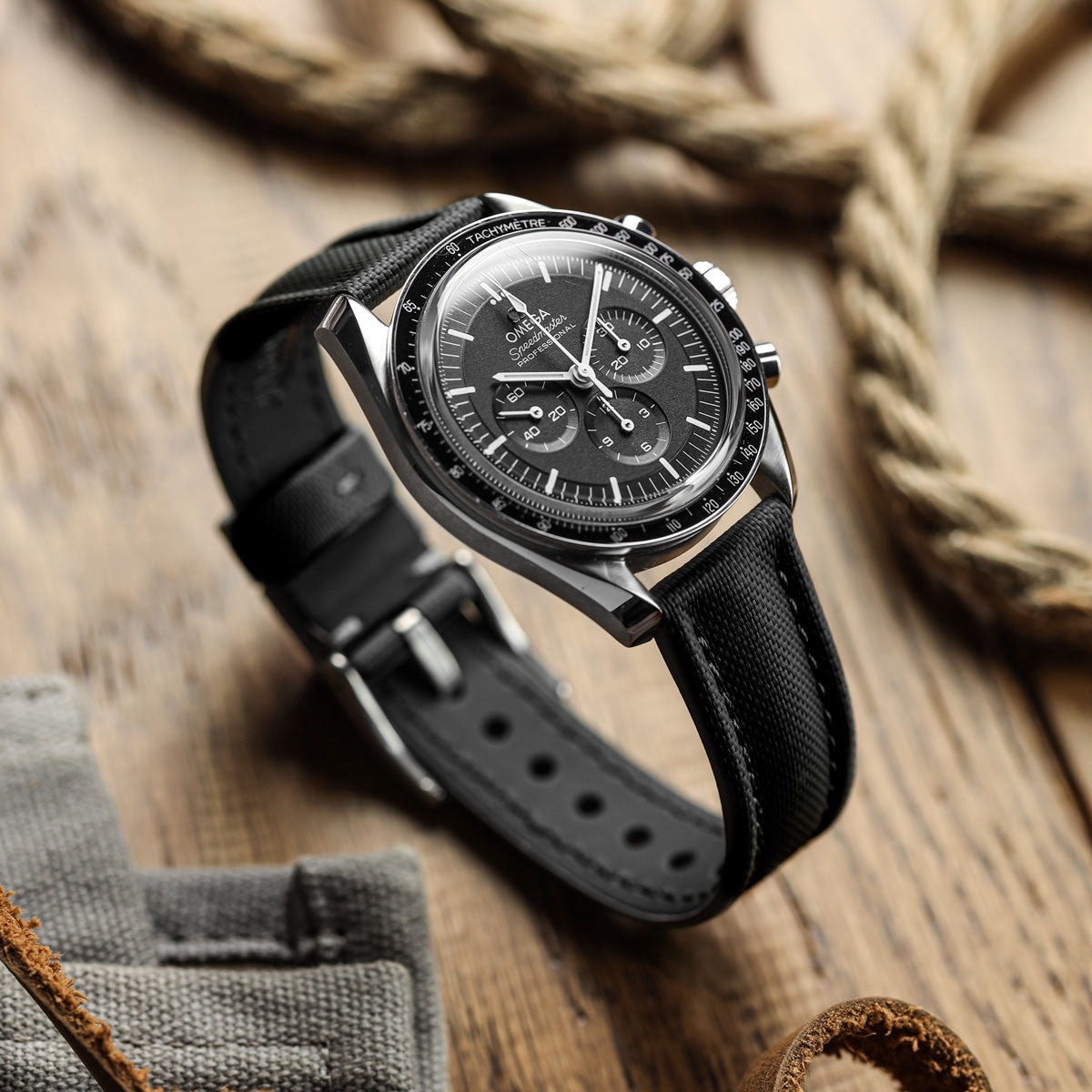 WatchGecko Atlas Sailcloth Strap - Black on Omega Speedmaster