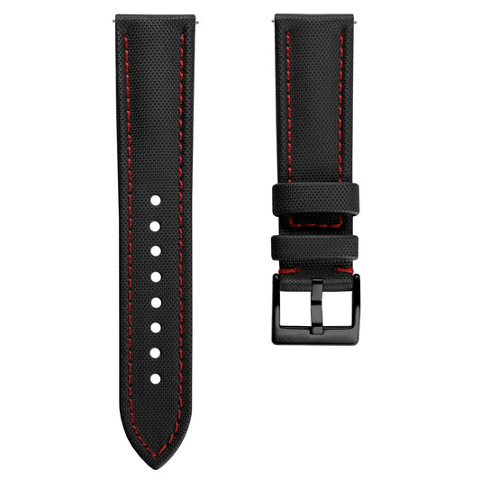 Atlas Sailcloth Watch Strap - Black / Red with IP Black Buckle