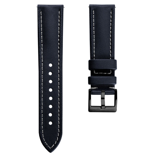 Atlas Sailcloth Watch Strap - Blue / White with IP Black Buckle