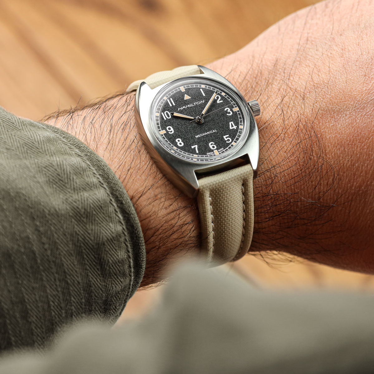 WatchGecko Padded Sailcloth Strap - Beige on Hamilton Khaki Aviation Pilot Pioneer