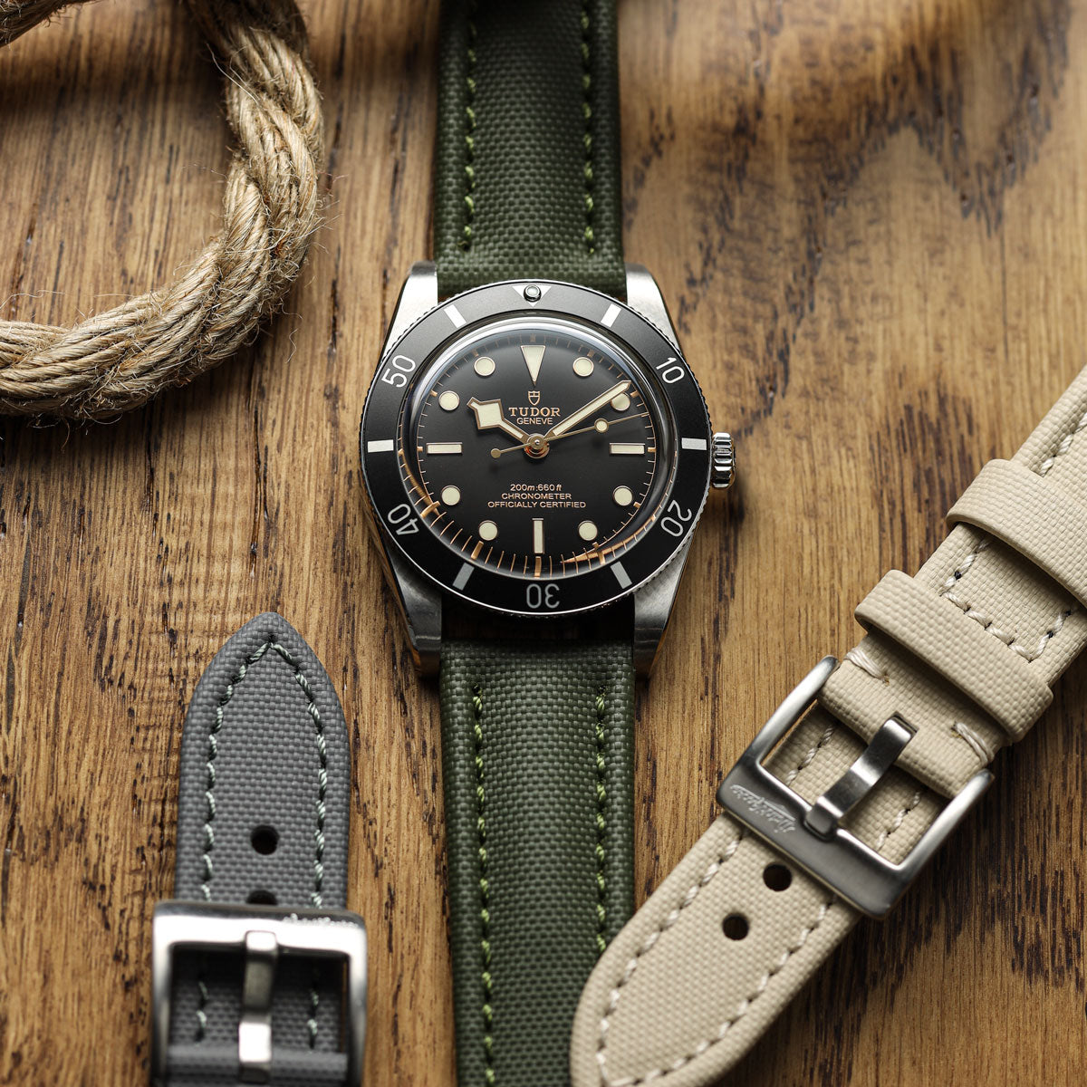 WatchGecko Atlas Sailcloth Strap - Green on Tudor Black Bay 58