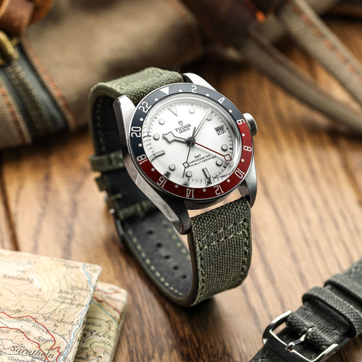WatchGecko Two-Piece Canvas Watch Strap - Olive Green on Tudor GMT
