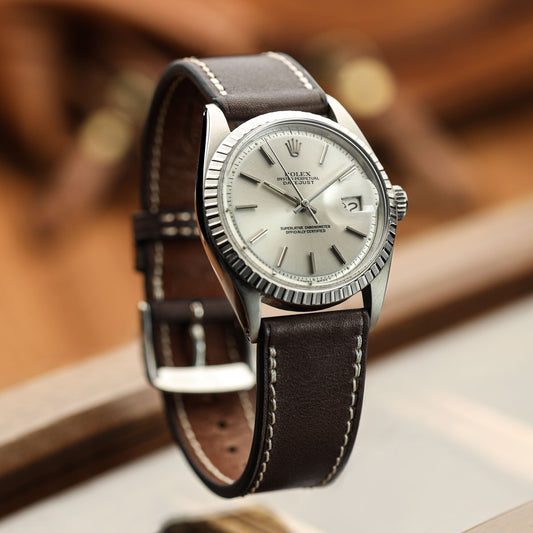 Camden Handmade and Handstitched French Leather Watch Strap - Mocha / White Stitching