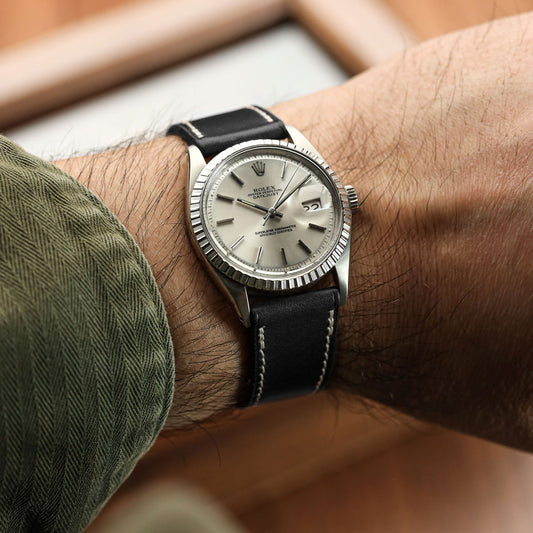 Camden Handmade and Handstitched French Leather Watch Strap - Black / White Stitching