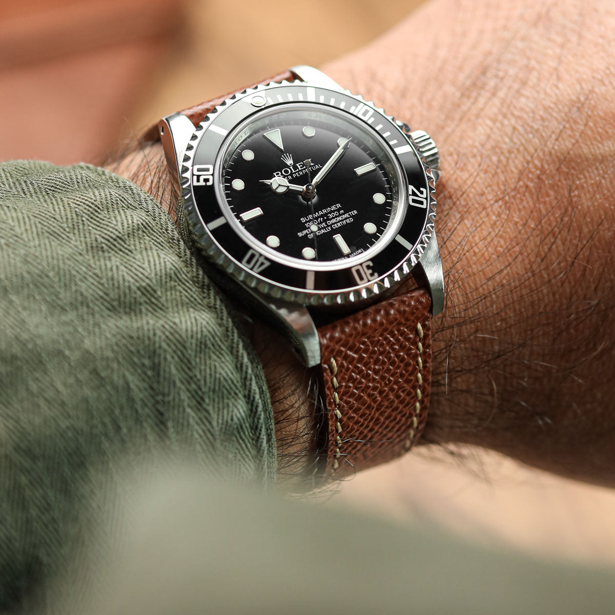 Hand Stitched Italian Leather Watch Strap  - Alpine Tan on Rolex Submariner