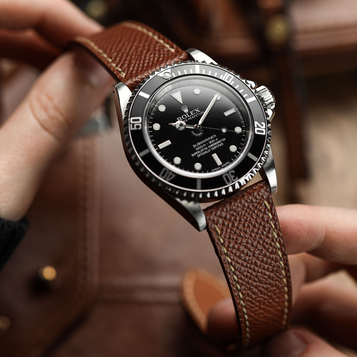 Hand Stitched Italian Leather Watch Strap  - Alpine Tan on Rolex Submariner