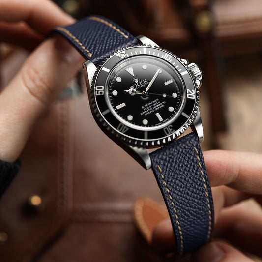 Hand Stitched Italian Leather Watch Strap - Alpine Blue on Rolex Submariner