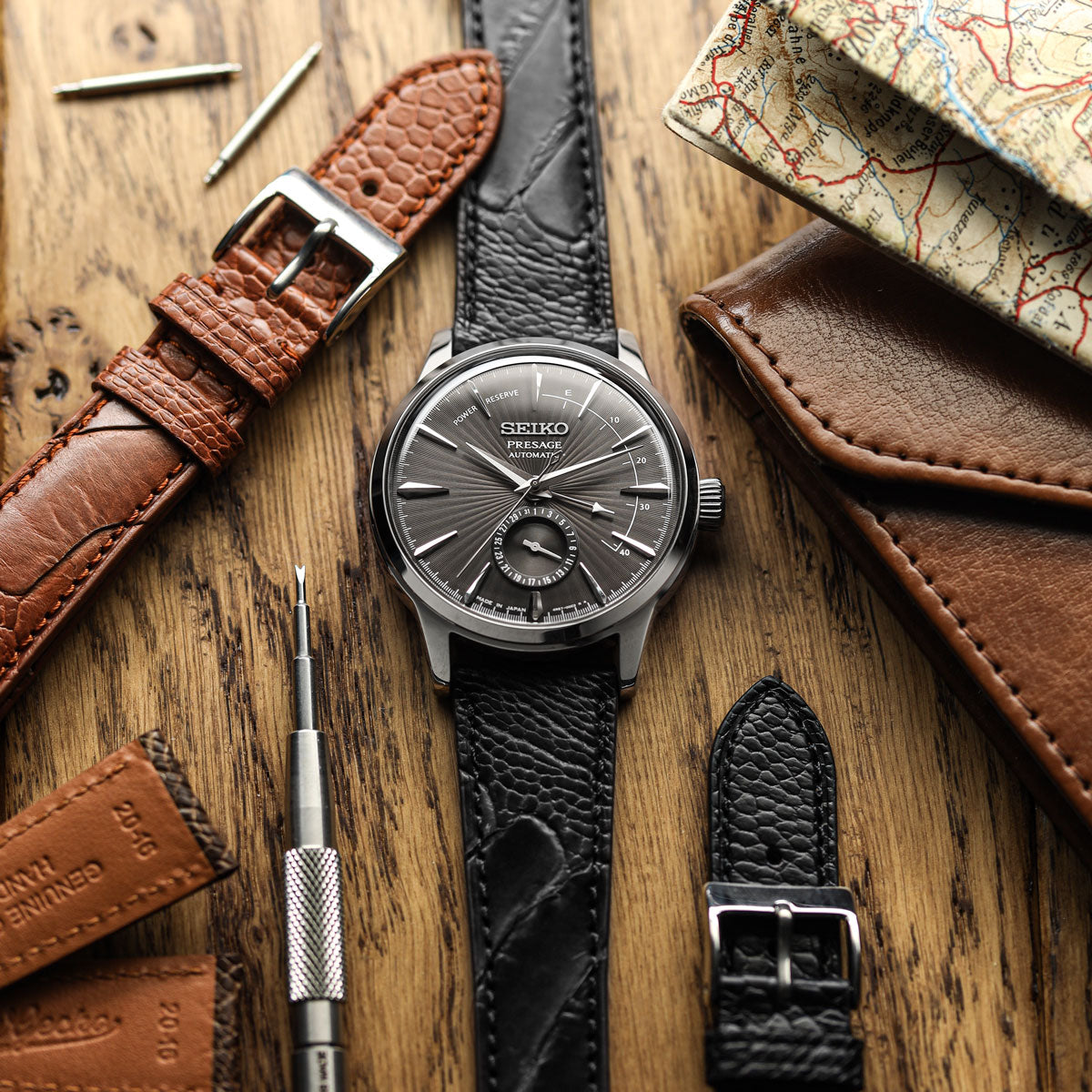 Ostrich Leg Leather Watch Strap - Tan on Seiko Presage
