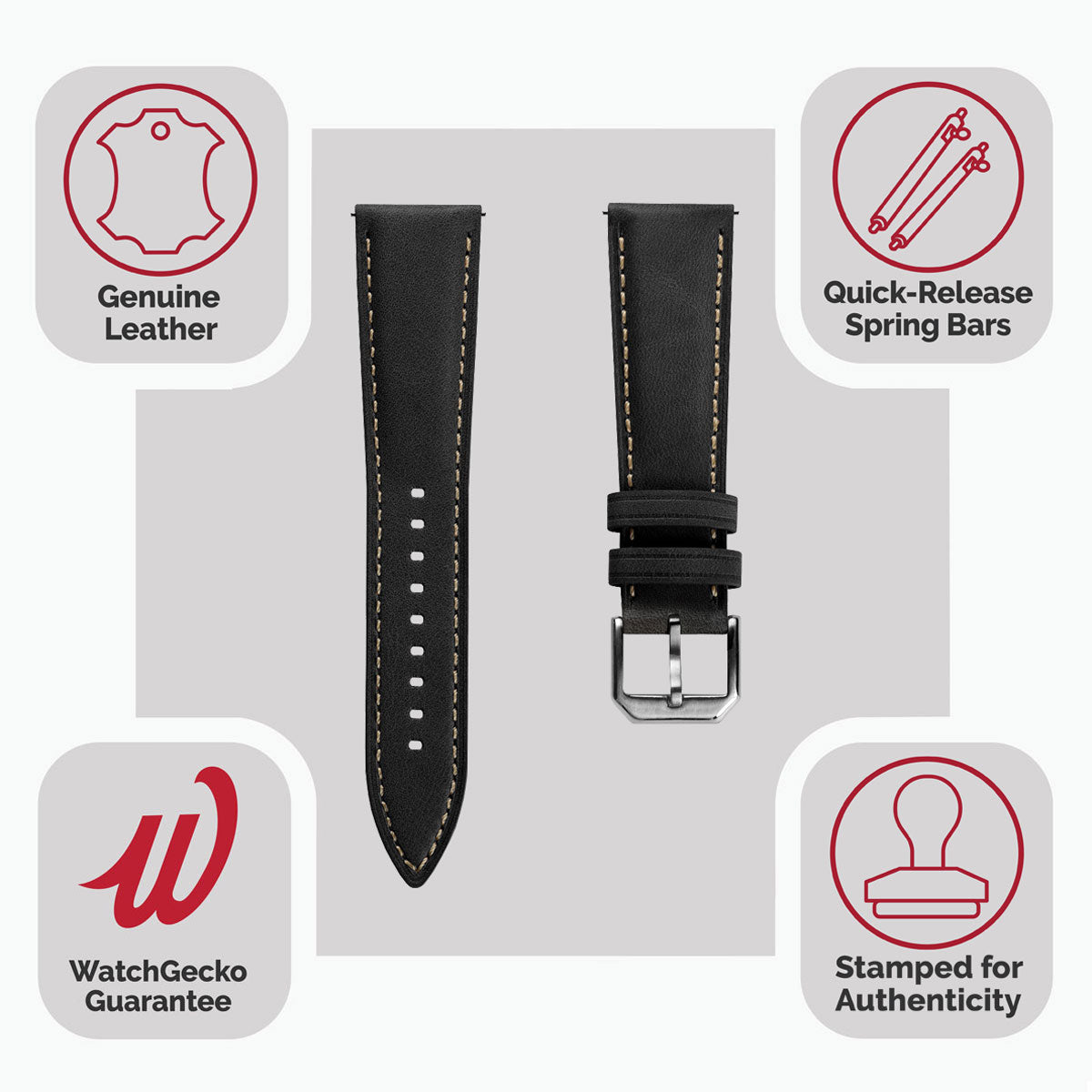 Whitby Padded Genuine Leather Watch Strap - Pastel Black