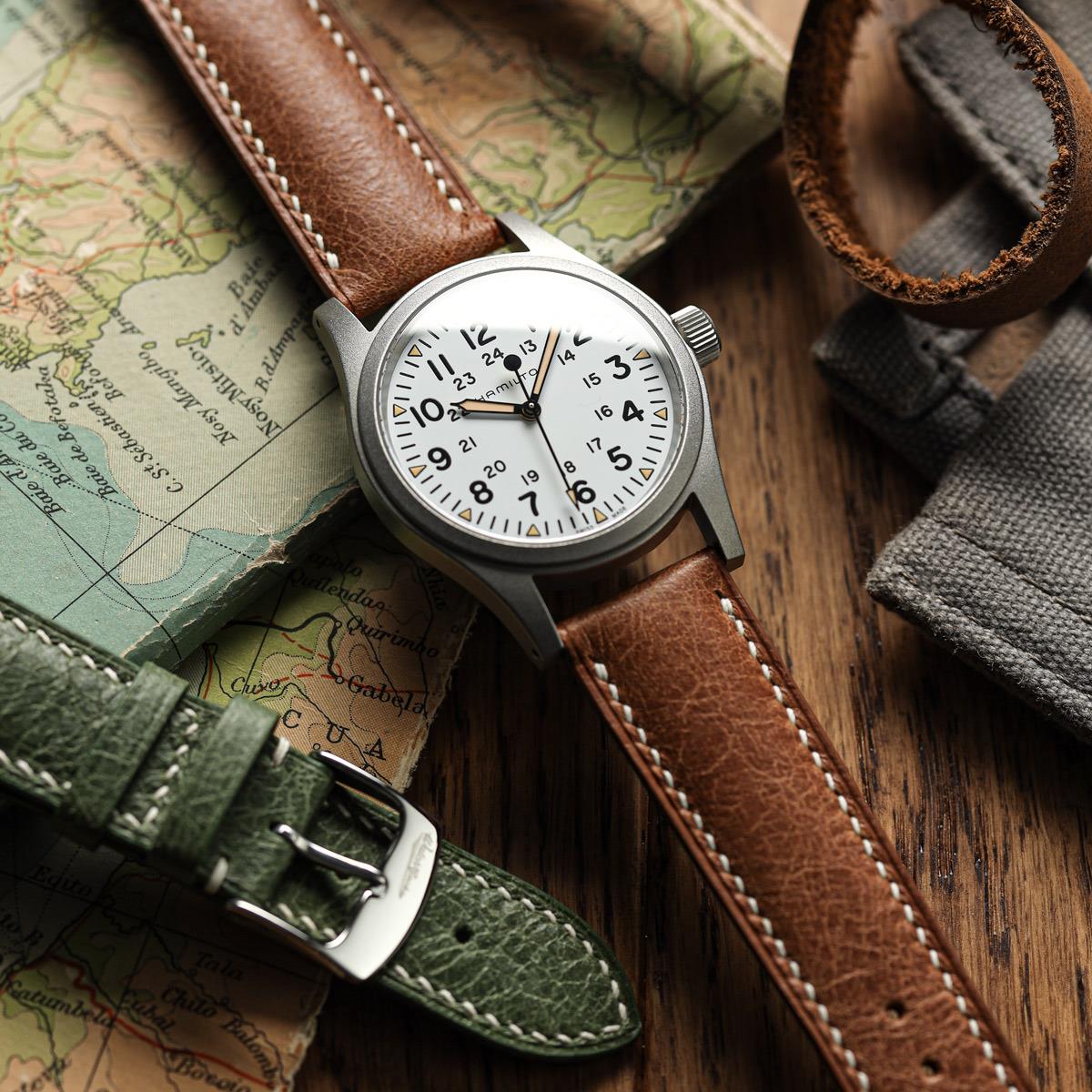 Lerano Tuscan Padded Leather Watch Strap - Cognac on Hamilton Khaki Field