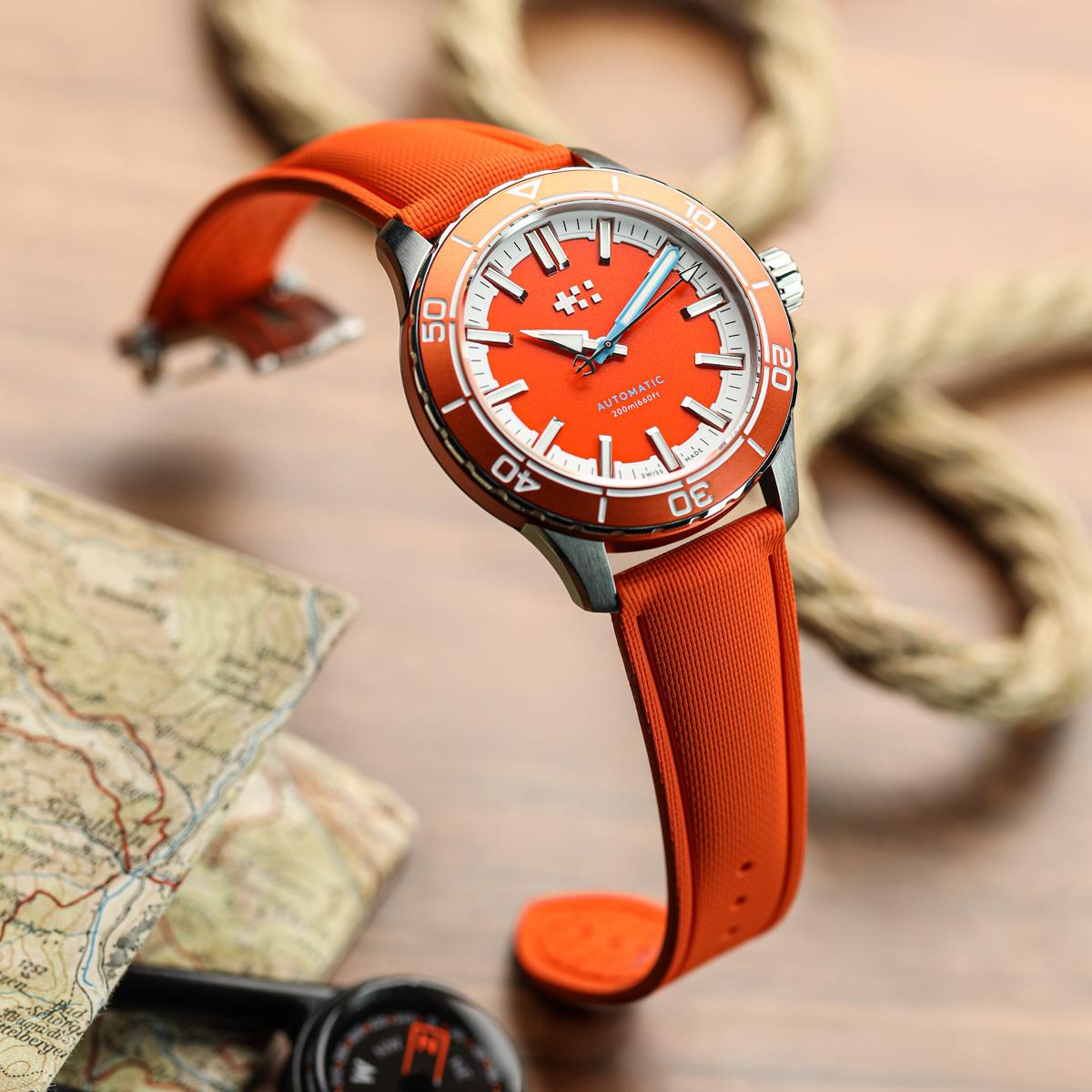 Endurance Rubber Deployant Watch Strap - Flare Orange on Christopher Ward watch