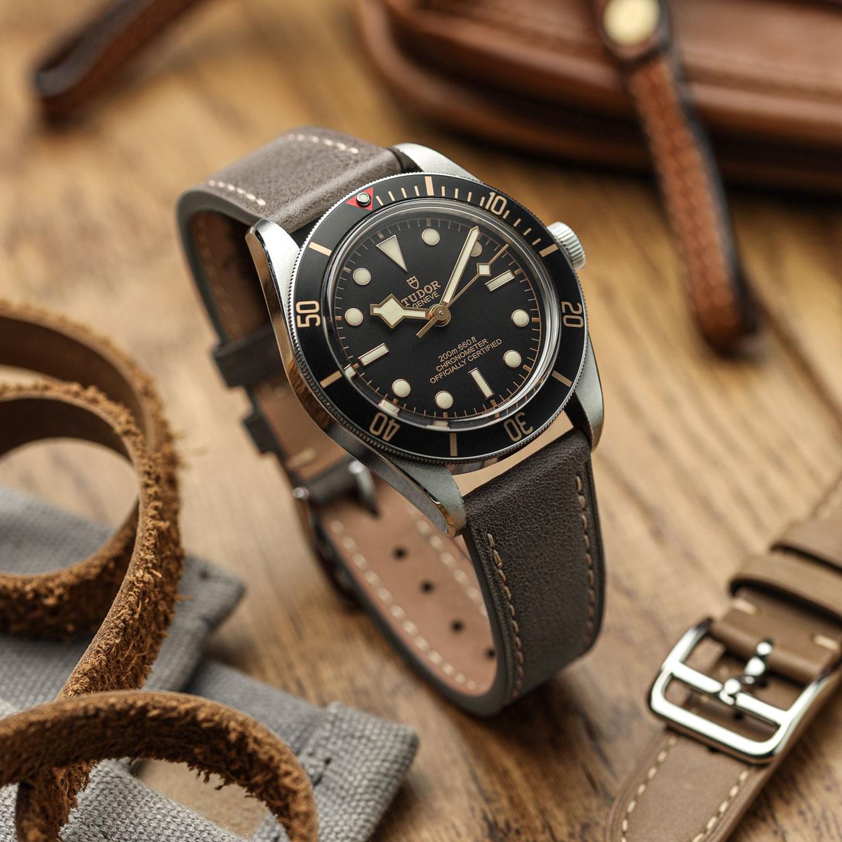 Brixham Special Buckle Vintage Leather Watch Strap - Dark Grey on Tudor Black Bay 58