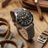 Brixham Special Buckle Vintage Leather Watch Strap - Dark Grey on Tudor Black Bay 58