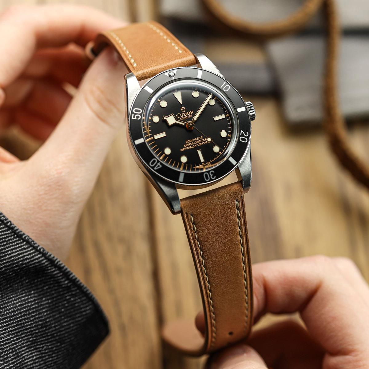 WatchGecko Brixham Special Buckle Vintage Leather Watch Strap - Light Brown on Tudor Black Bay 58