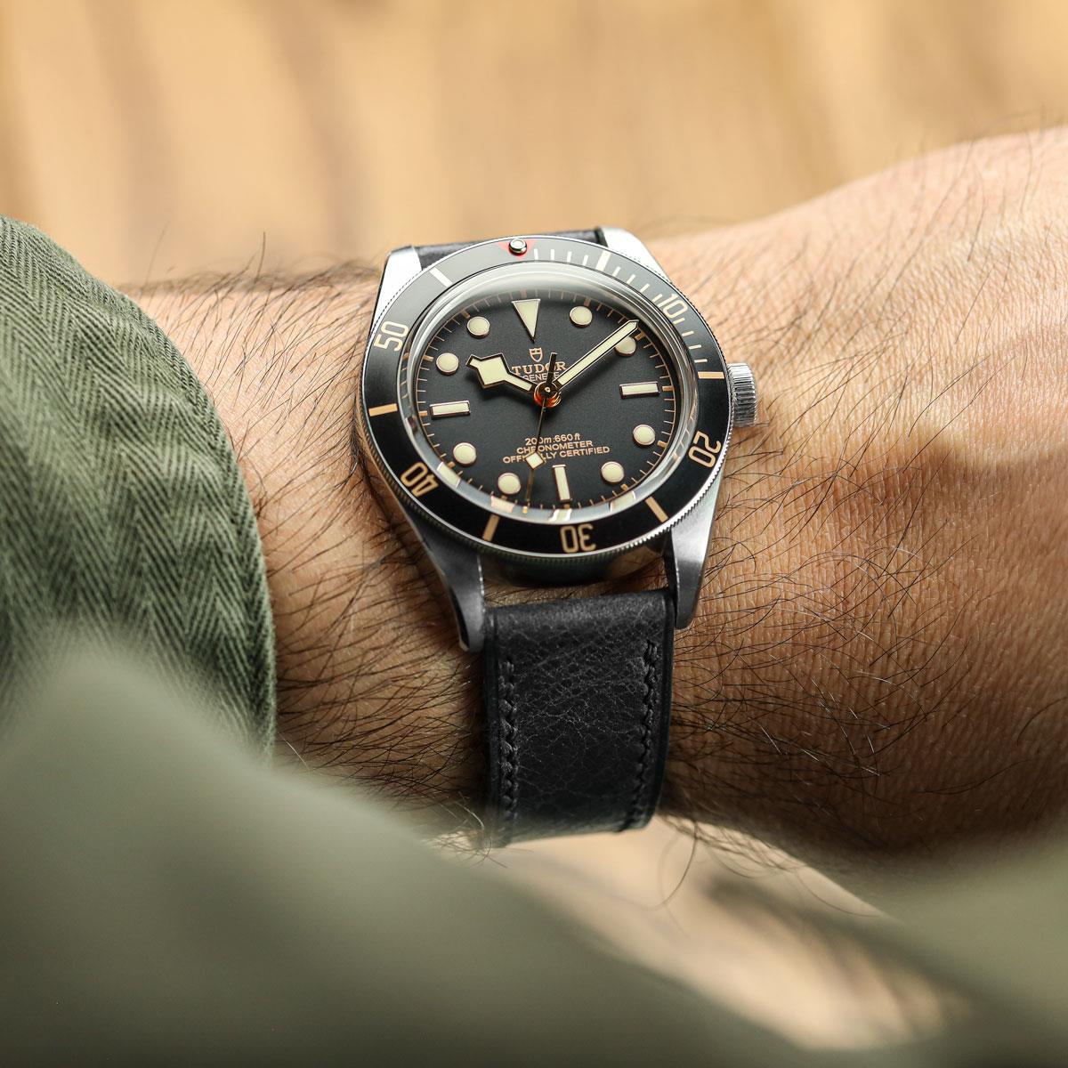 Ravello Tuscan Leather Watch Strap - Black on Tudor Black Bay 58