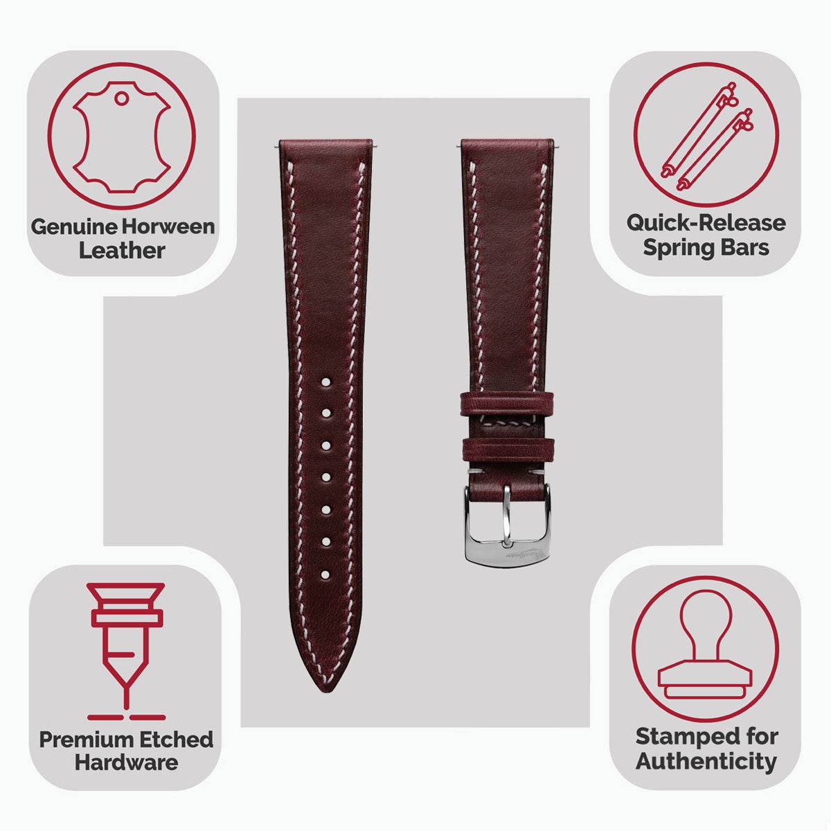 Hand-Stitched Watch Strap - Horween Chromexcel® Red