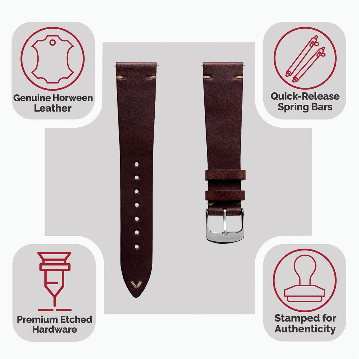 Vintage-Stitched Genuine Leather Watch Strap - Horween Chromexcel® Burgundy