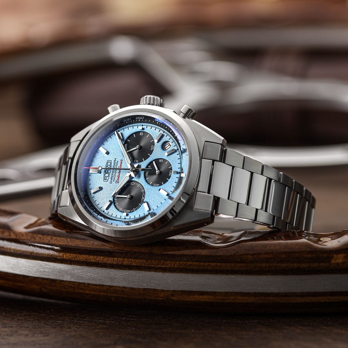 FORZO 406A EnduraTimer Chronograph with Light Blue Dial Lifestyle Image Side