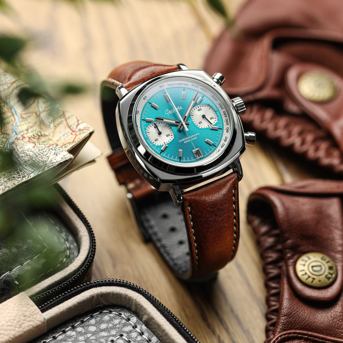 Geckota Chronotimer Aurora Chronograph Watch Aqua Sunburst