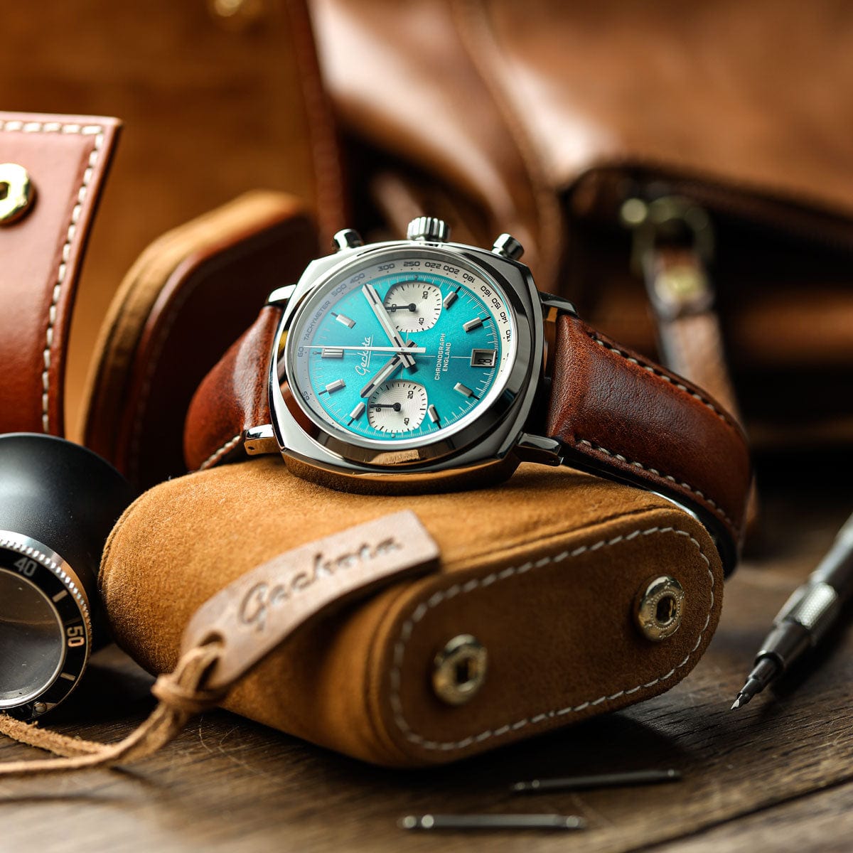 Geckota Chronotimer Aurora Chronograph Watch Aqua Sunburst