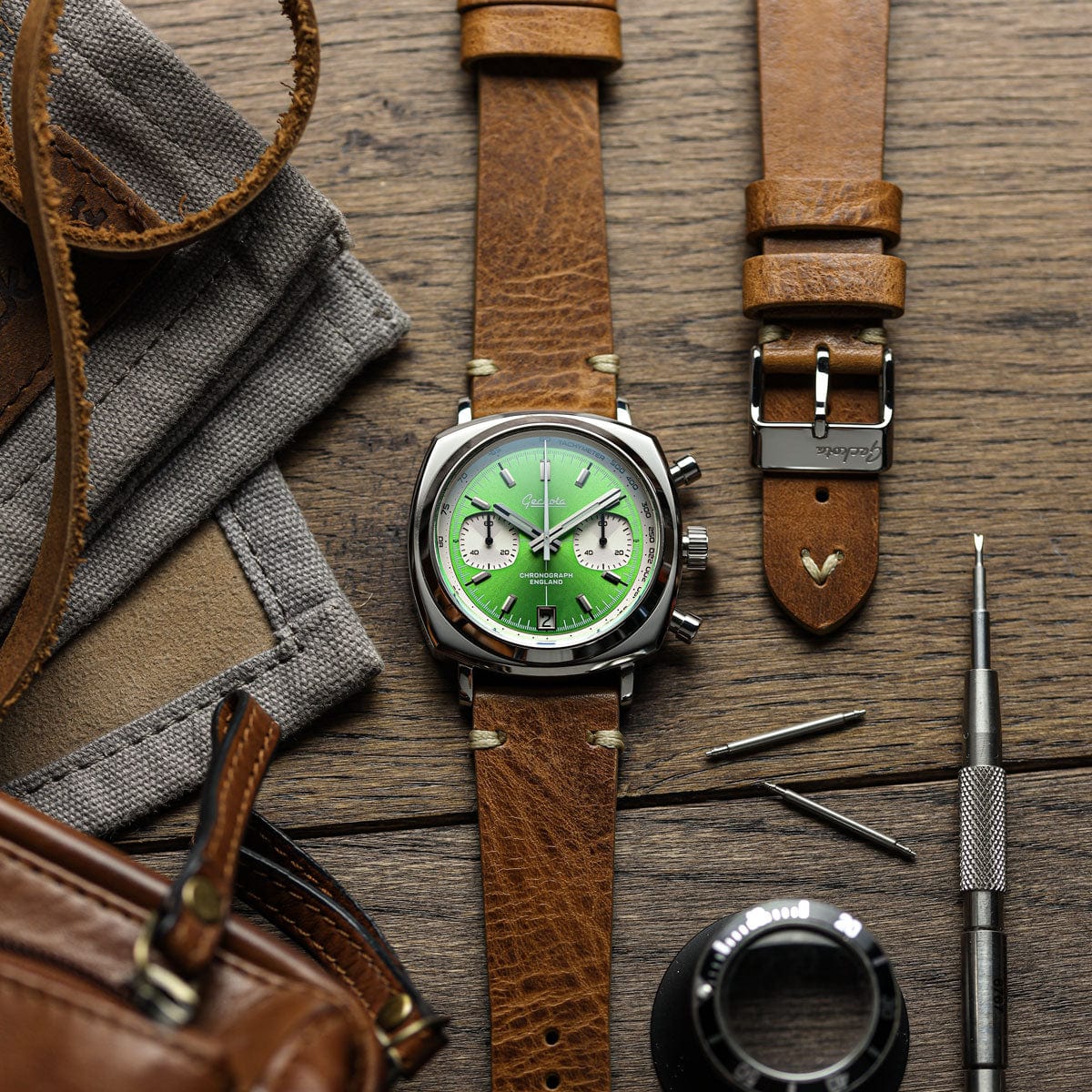 Geckota Chronotimer Aurora Chronograph Watch Green Sunburst