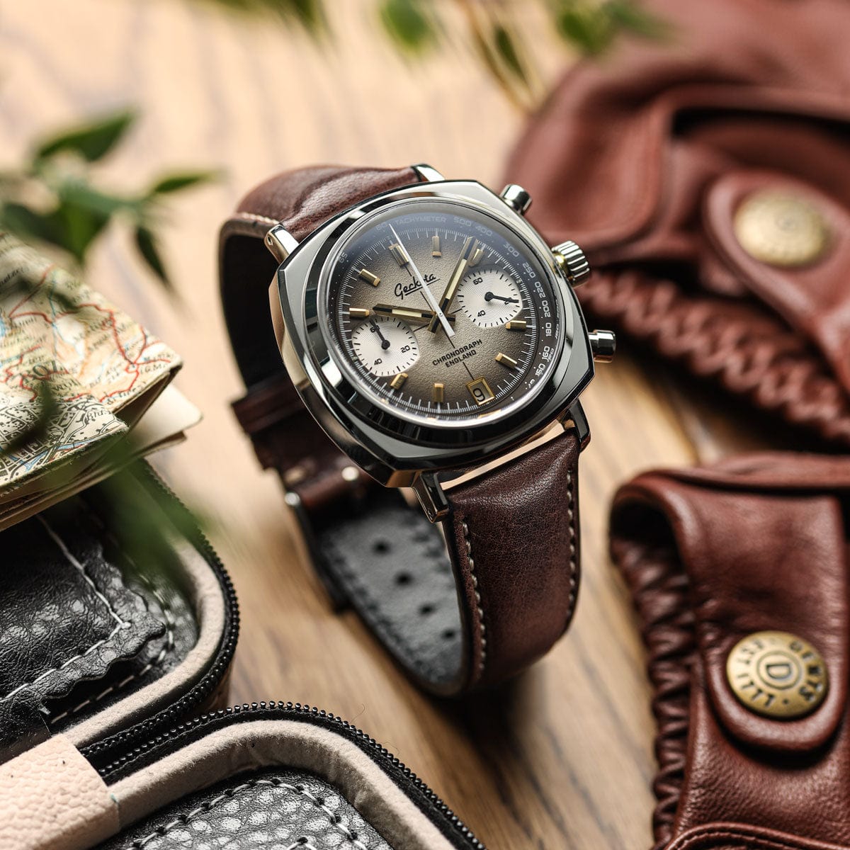 Geckota Chronotimer Chronograph Watch Brown Fumé Dial TP-369-2 - NEARLY NEW