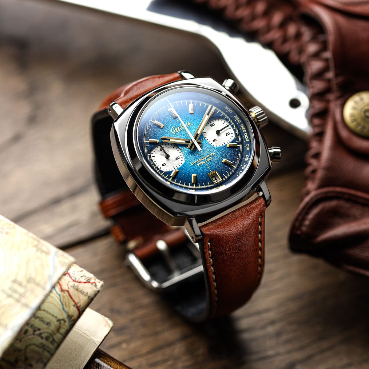 Geckota Chronotimer Chronograph Watch Deep Blue Fumé Dial TP-369-3 - NEARLY NEW