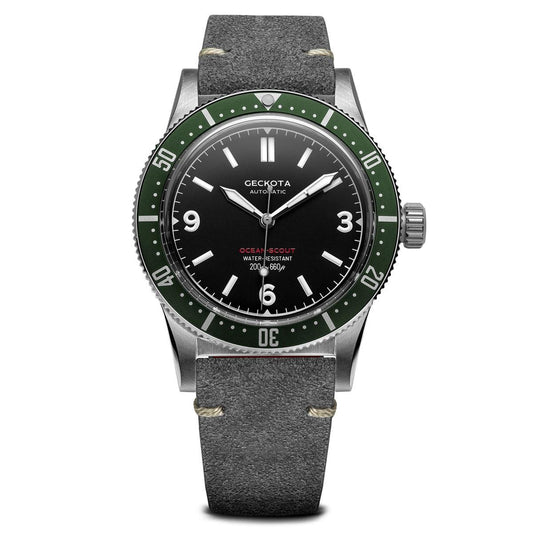 Geckota Ocean-Scout Dive Watch - Emerald Green - Grey Suede Stanway Strap