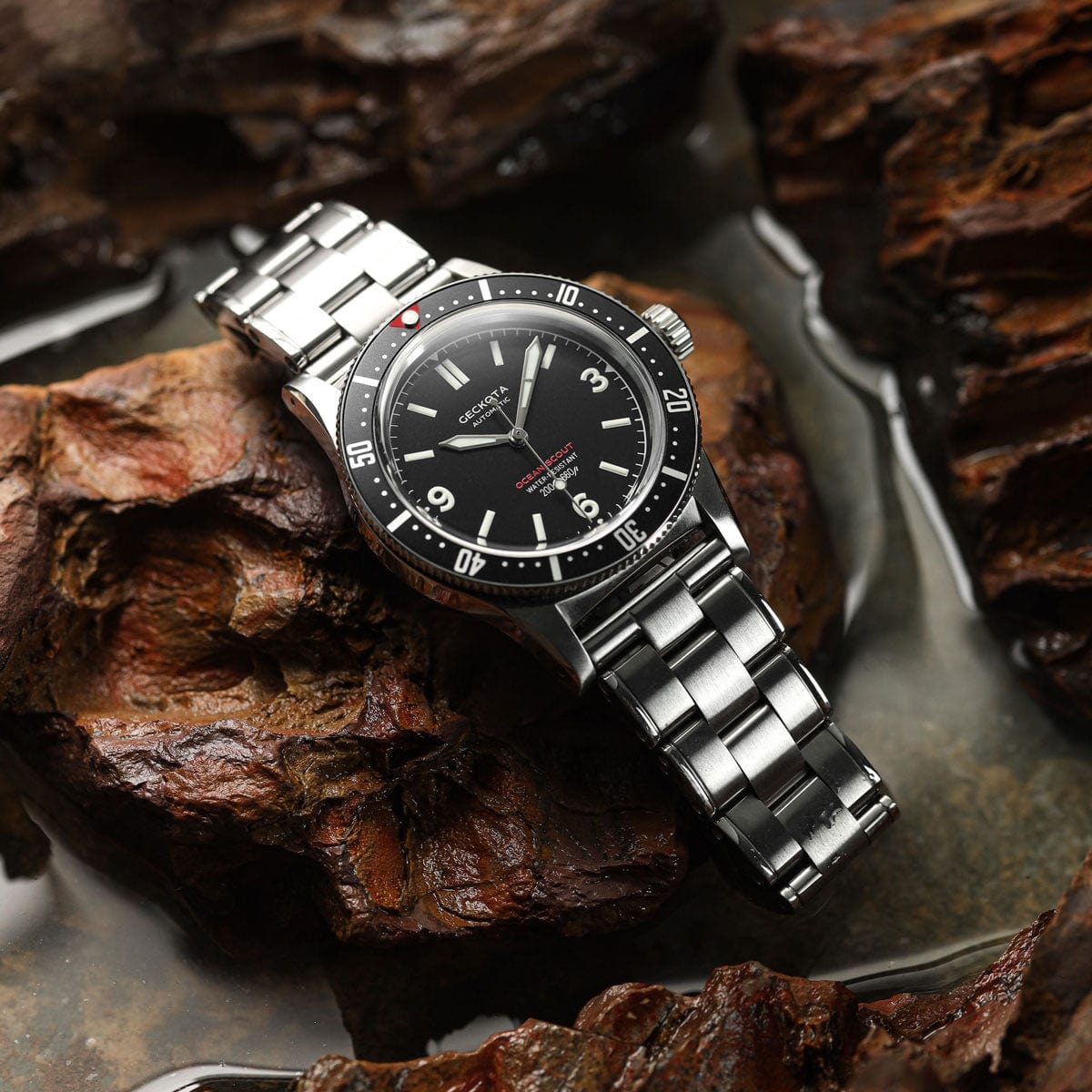 Geckota Ocean-Scout Dive Watch - Raven Black - Berwick Stainless Steel Strap