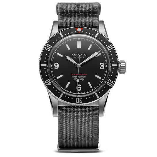 Geckota Ocean-Scout Dive Watch - Raven Black - Grey Nylon Strap