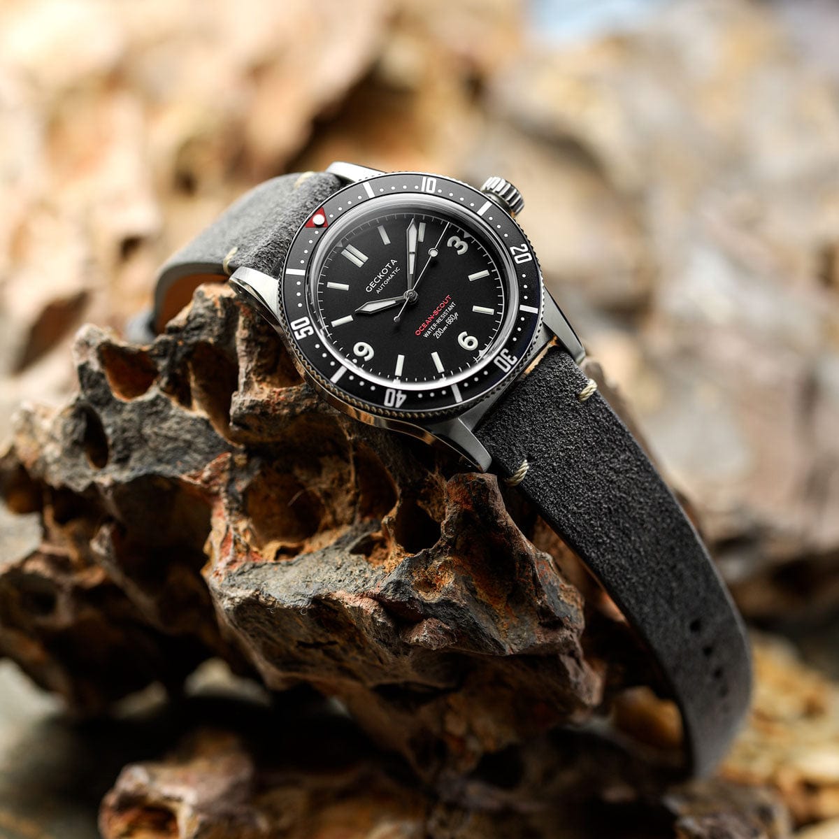 Geckota Ocean-Scout Dive Watch - Raven Black - Grey Suede Stanway Strap