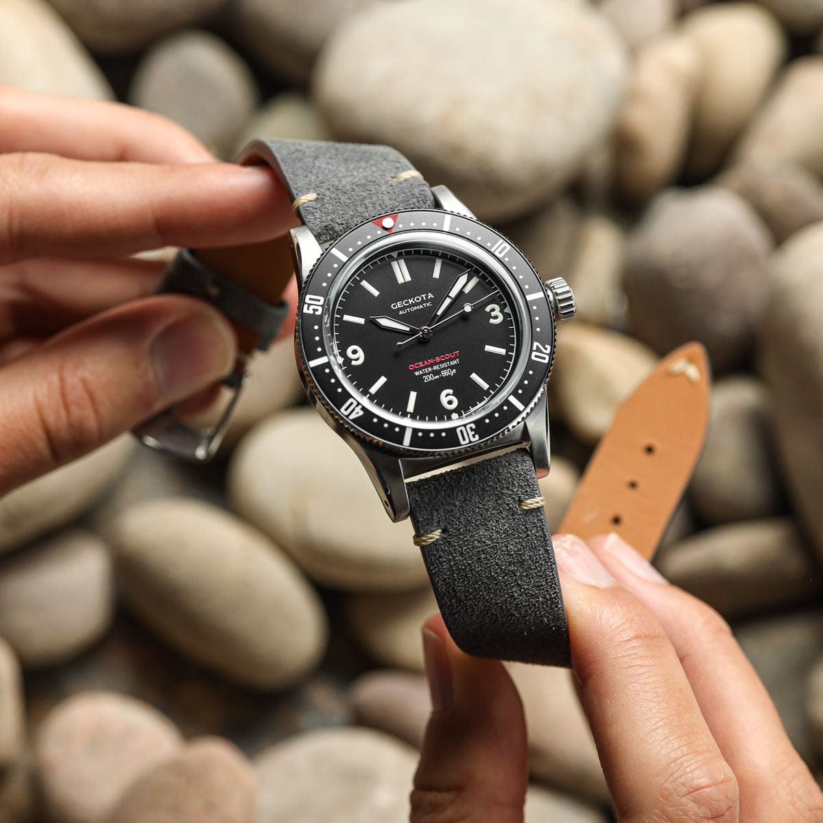 Geckota Ocean-Scout Dive Watch - Raven Black - Grey Suede Stanway Strap