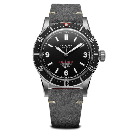 Geckota Ocean-Scout Dive Watch - Raven Black - Grey Suede Stanway Strap