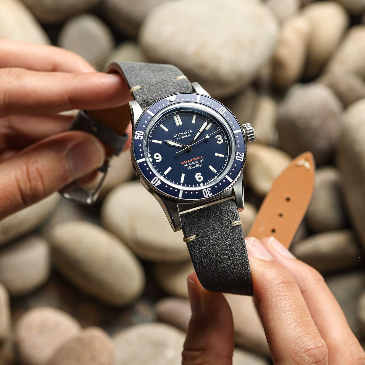 Geckota Ocean-Scout Dive Watch - Royal Blue - Grey Suede Stanway Strap