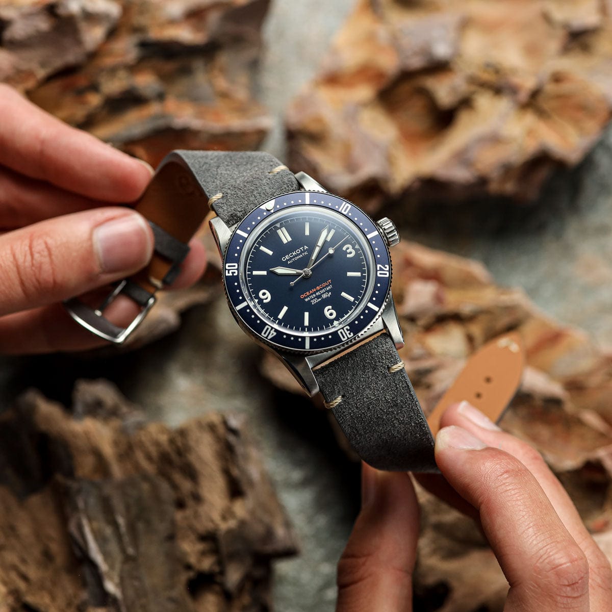 Geckota Ocean-Scout Dive Watch - Royal Blue - Grey Suede Stanway Strap