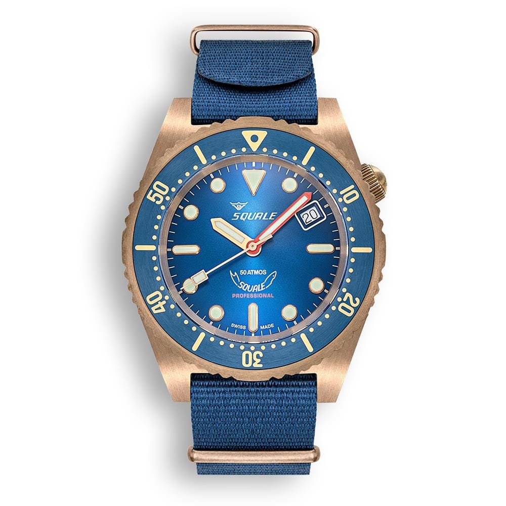 Squale 1521 Swiss Made Bronze Diver s Watch Blue Sunray Dial Nylon