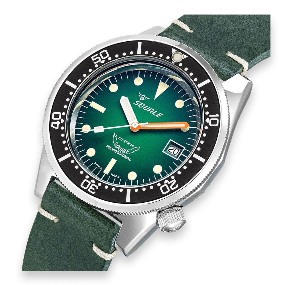 Squale 1521 Swiss Made Divers Watch - Green Dial - Leather Strap