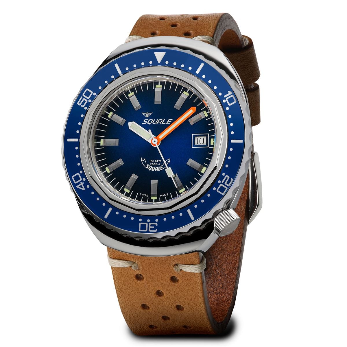 Squale 2002, Polished Case, Blue Sapphire Bezel, Blue Dial, Tan Leather - NEARLY NEW
