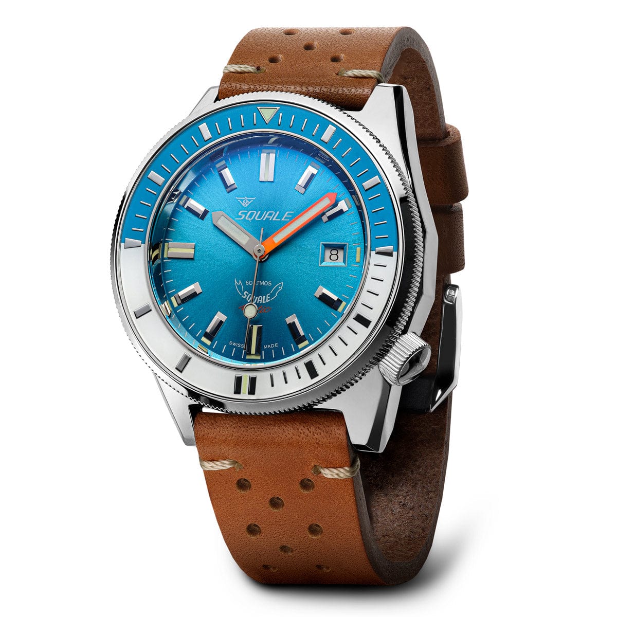 Squale Matic Swiss Diver's Watch - Brown Leather Strap - Light Blue - NEARLY NEW