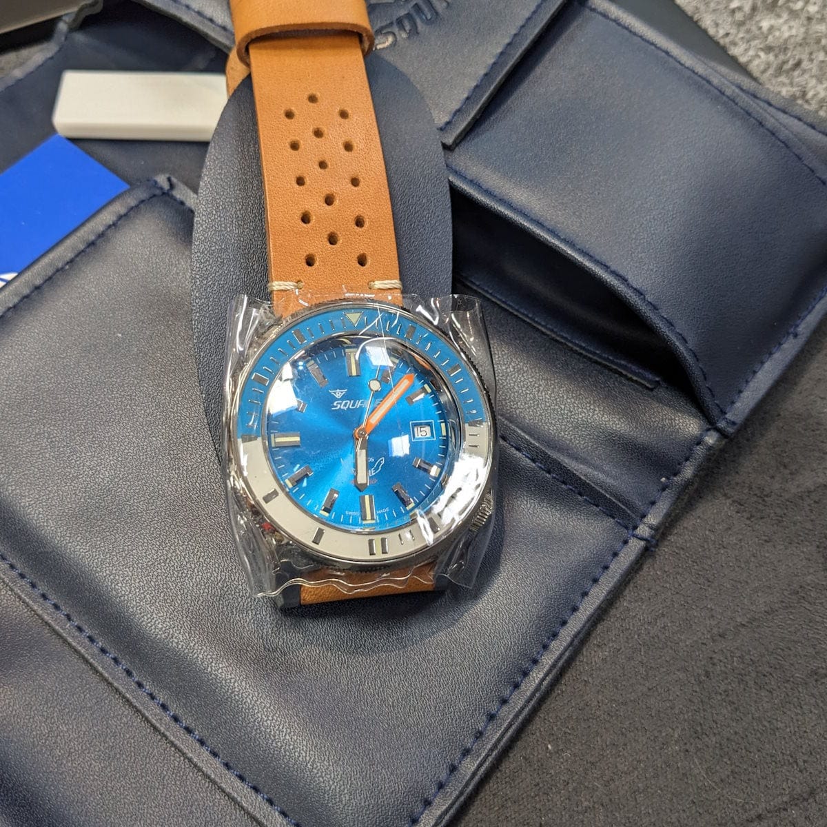 Squale Matic Swiss Diver's Watch - Brown Leather Strap - Light Blue - NEARLY NEW