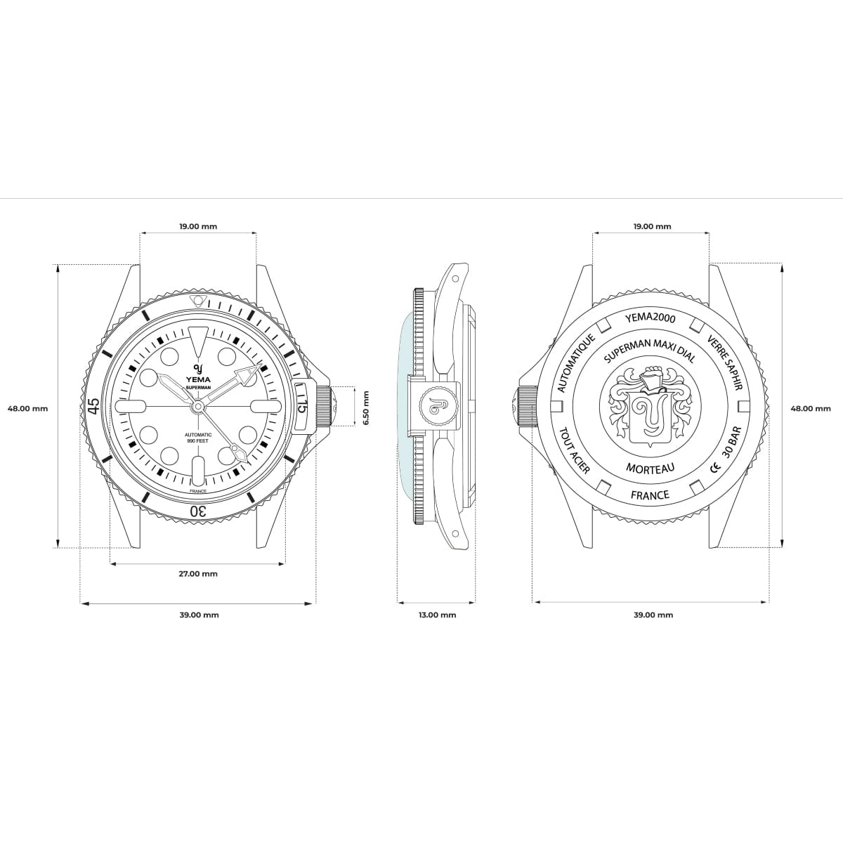 YEMA Superman Maxi Dial - Steel Bezel - Blue Dial - 39mm YSUP21B39-GMS Technical Drawing