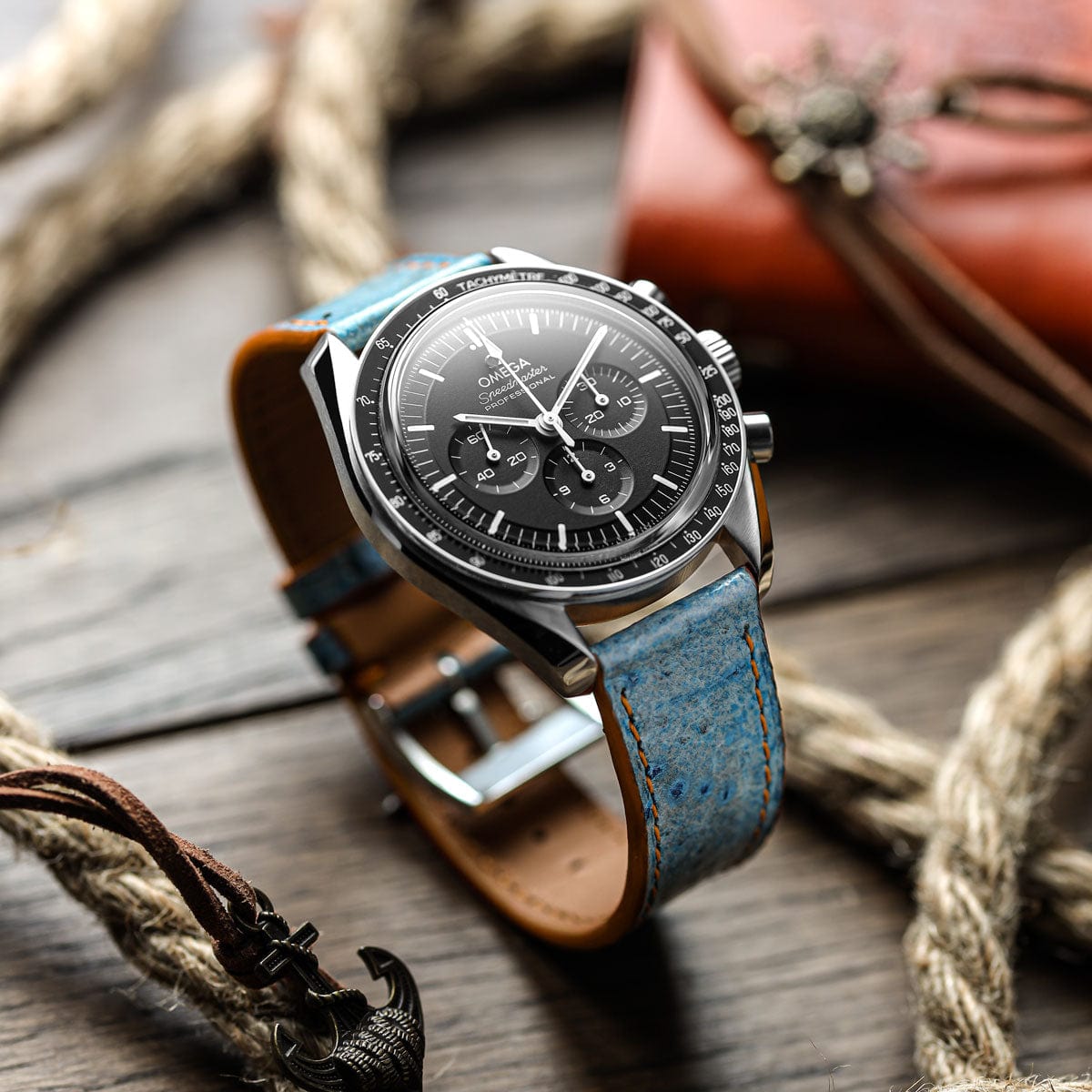 Sea Wolf Flat Leather Watch Strap - Ocean Blue