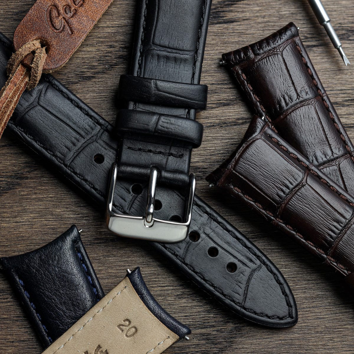 Selby Remborde Curved Ends Genuine Leather Watch Strap - Black Crocodile