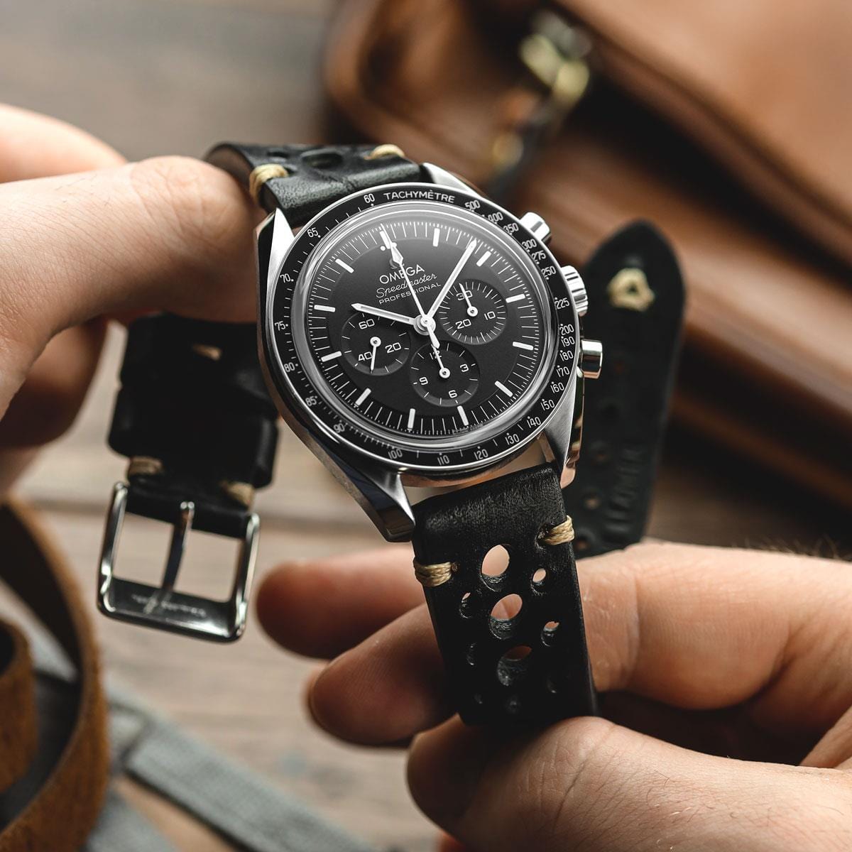WatchGecko V-Stitch Italian Leather Perforated Watch Strap - Black